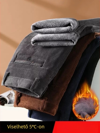 Férfi kordbársony nadrág fleece-béléssel téli viselet, egyenes szabású, magas derékkal, zsebek, zipzár, öv nélkül