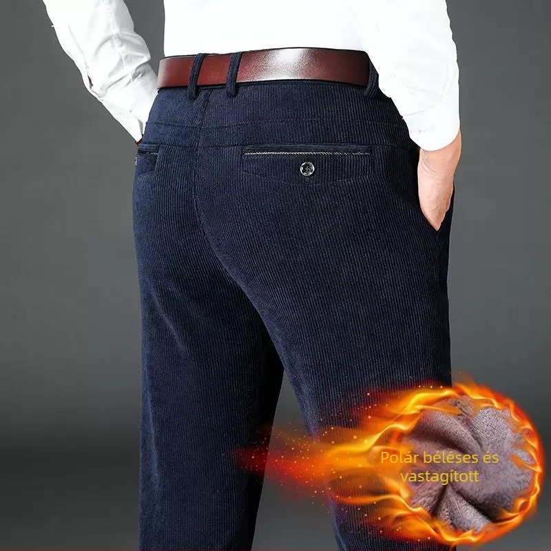 Férfi kordbársony nadrág fleece-béléssel téli viselet, egyenes szabású, magas derékkal, zsebek, zipzár, öv nélkül