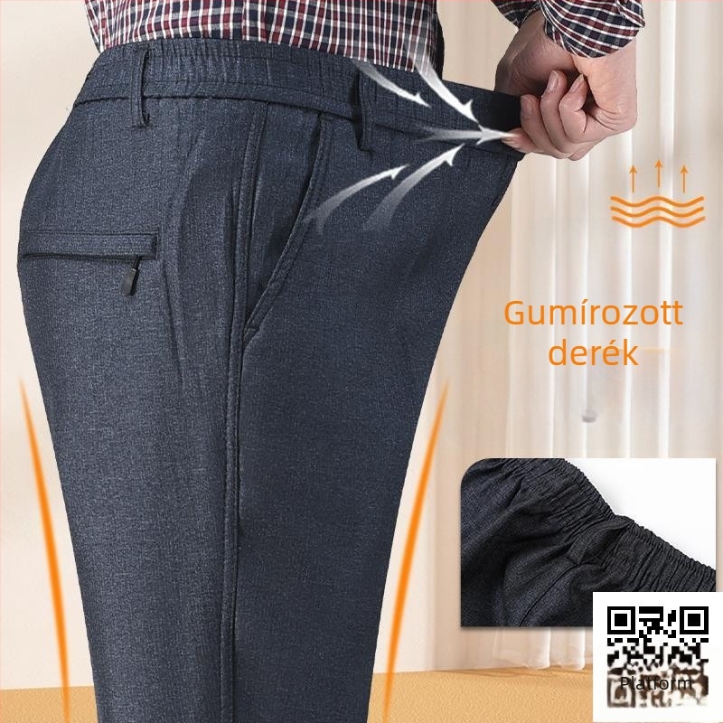 Rugalmas derekú férfi nadrág, vastag fleece anyagból, őszi-téli mindennapi viselet középkorú és idős férfiak számára
