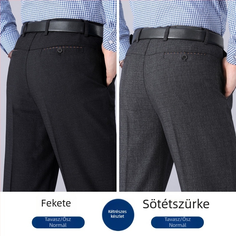 Őszi–téli fleece-öltözetes férfi nadrág, egyenes szár, magas derék, üzleti-alkalmi nadrág középkorú férfiaknak