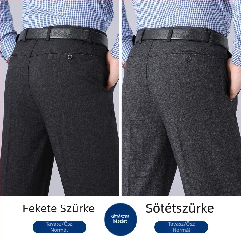 Őszi–téli fleece-öltözetes férfi nadrág, egyenes szár, magas derék, üzleti-alkalmi nadrág középkorú férfiaknak