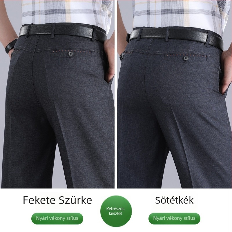 Őszi–téli fleece-öltözetes férfi nadrág, egyenes szár, magas derék, üzleti-alkalmi nadrág középkorú férfiaknak
