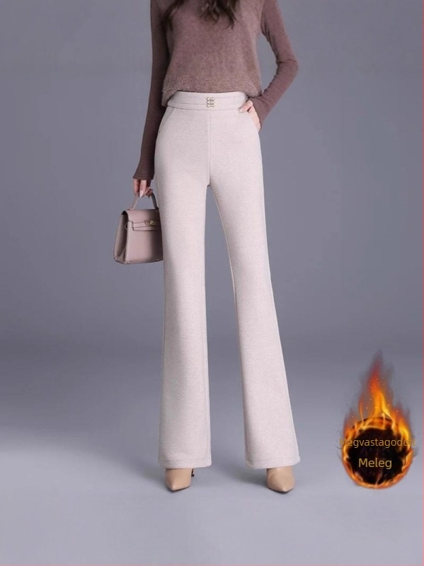 Női magas derekú, fleece-béléssel ellátott, vastagított bootcut nadrág, elasztikus derék, minimalistikus, mindennapi stílus.