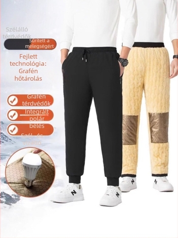 Férfi téli nadrág grafénnel és báránygyapjú fleece-betéttel, vastag és meleg, mindennapi casual, térdvédővel
