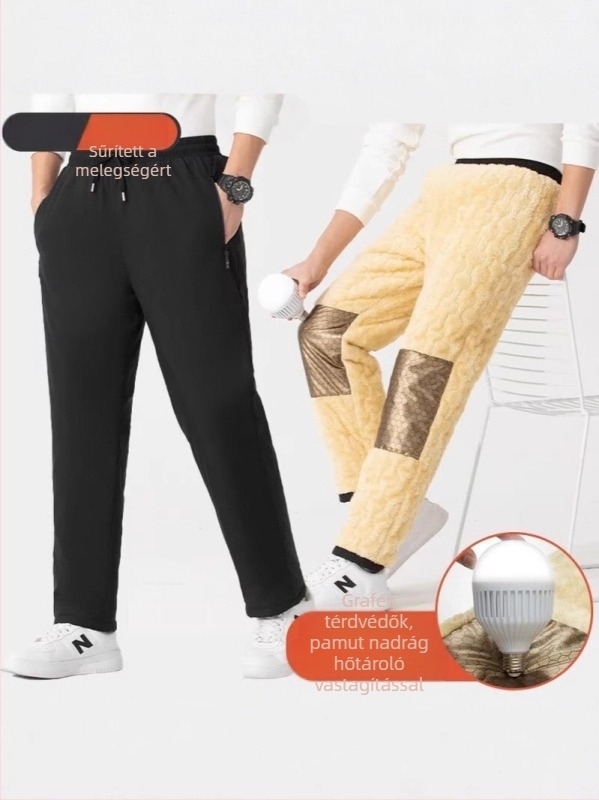 Férfi téli nadrág grafénnel és báránygyapjú fleece-betéttel, vastag és meleg, mindennapi casual, térdvédővel