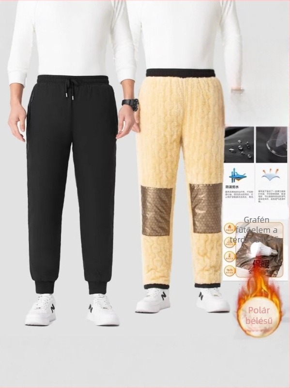 Férfi téli nadrág grafénnel és báránygyapjú fleece-betéttel, vastag és meleg, mindennapi casual, térdvédővel