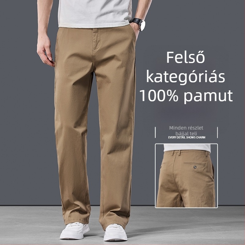 Férfiak számára magas minőségű casual nadrág khaki színben, egyenes szabású, pamut, 2026 új stílus, elasztikus