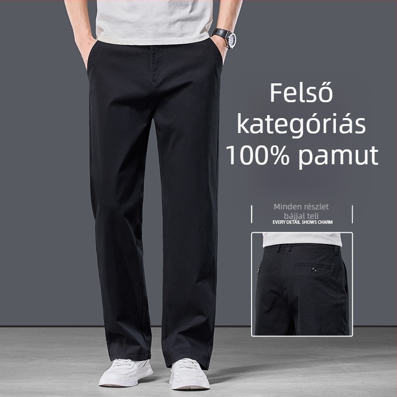 Férfiak számára magas minőségű casual nadrág khaki színben, egyenes szabású, pamut, 2026 új stílus, elasztikus