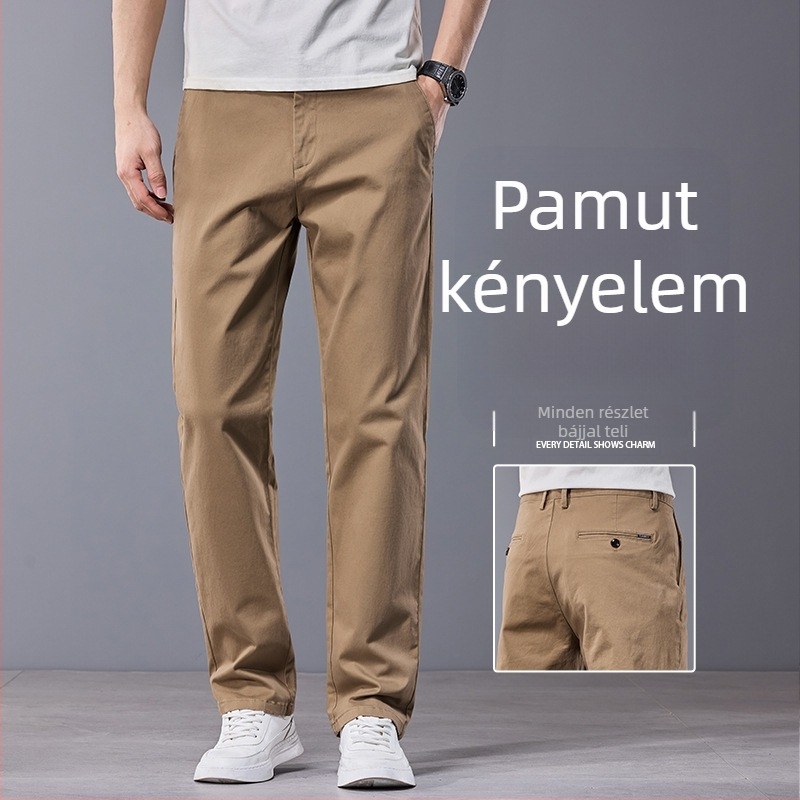 Férfiak számára magas minőségű casual nadrág khaki színben, egyenes szabású, pamut, 2026 új stílus, elasztikus