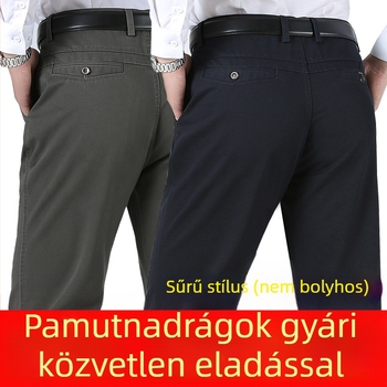 Középkorú férfiak számára készült magas derekú, egyenes szabású nadrág, laza fazon, őszi-téli vastag pamutból
