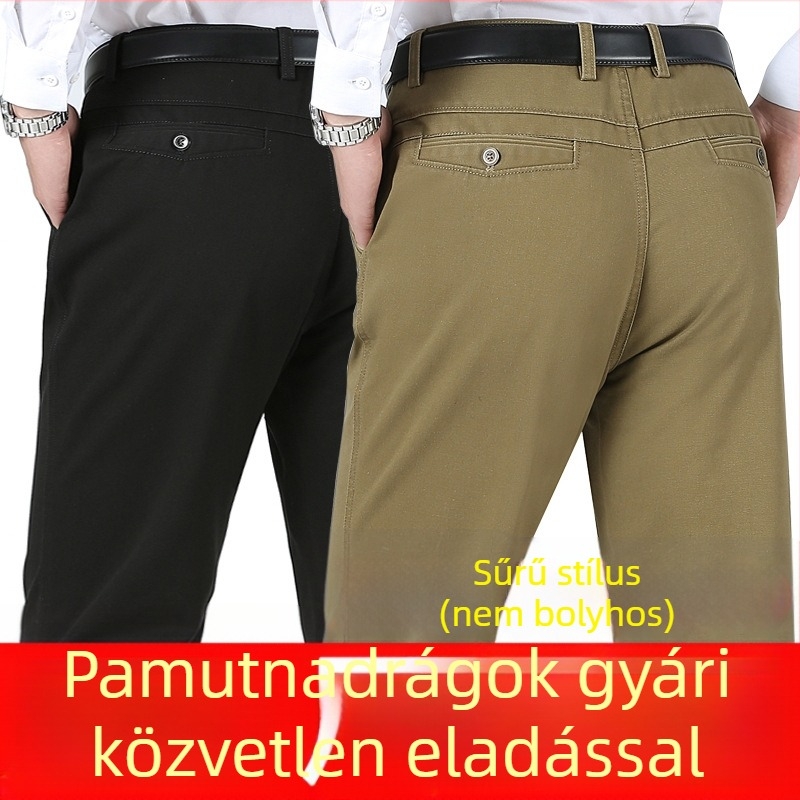Középkorú férfiak számára készült magas derekú, egyenes szabású nadrág, laza fazon, őszi-téli vastag pamutból