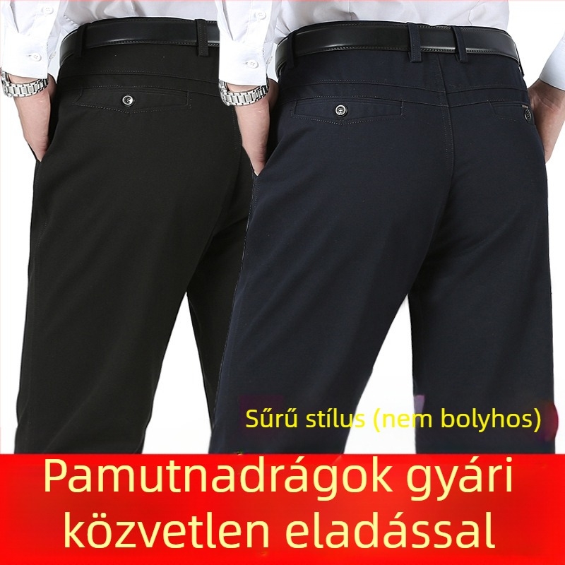 Középkorú férfiak számára készült magas derekú, egyenes szabású nadrág, laza fazon, őszi-téli vastag pamutból