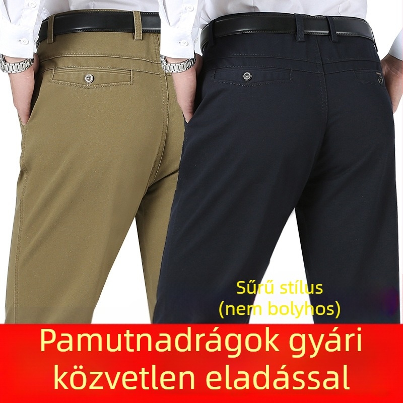 Középkorú férfiak számára készült magas derekú, egyenes szabású nadrág, laza fazon, őszi-téli vastag pamutból