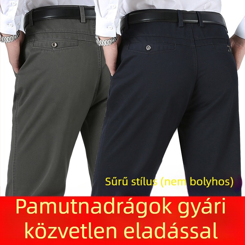 Középkorú férfiak számára készült magas derekú, egyenes szabású nadrág, laza fazon, őszi-téli vastag pamutból
