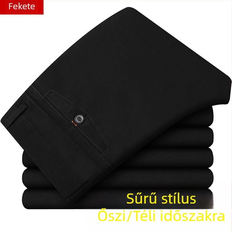 Középkorú férfiak számára készült magas derekú, egyenes szabású nadrág, laza fazon, őszi-téli vastag pamutból