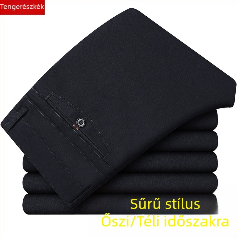 Középkorú férfiak számára készült magas derekú, egyenes szabású nadrág, laza fazon, őszi-téli vastag pamutból