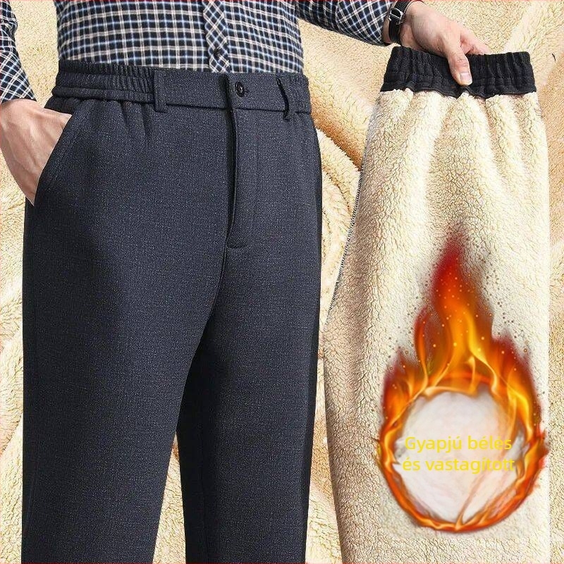 Téli férfi nadrág lambswool fleece anyagból, vastagított, elasztikus derekú, kényelmes szabású, egyenes szárú, magas derék, hosszú.