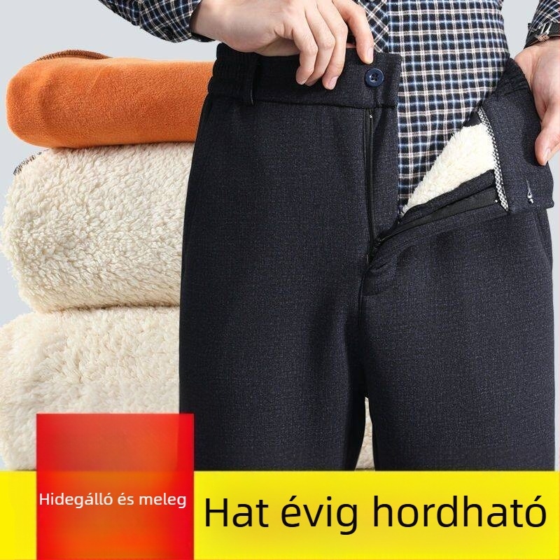 Téli férfi nadrág lambswool fleece anyagból, vastagított, elasztikus derekú, kényelmes szabású, egyenes szárú, magas derék, hosszú.