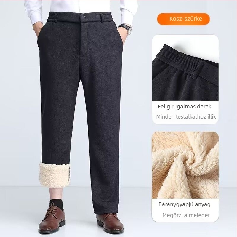 Téli férfi nadrág lambswool fleece anyagból, vastagított, elasztikus derekú, kényelmes szabású, egyenes szárú, magas derék, hosszú.