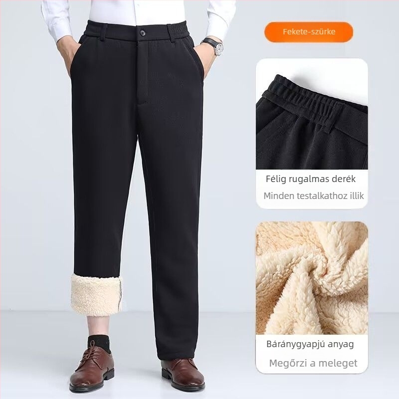 Téli férfi nadrág lambswool fleece anyagból, vastagított, elasztikus derekú, kényelmes szabású, egyenes szárú, magas derék, hosszú.