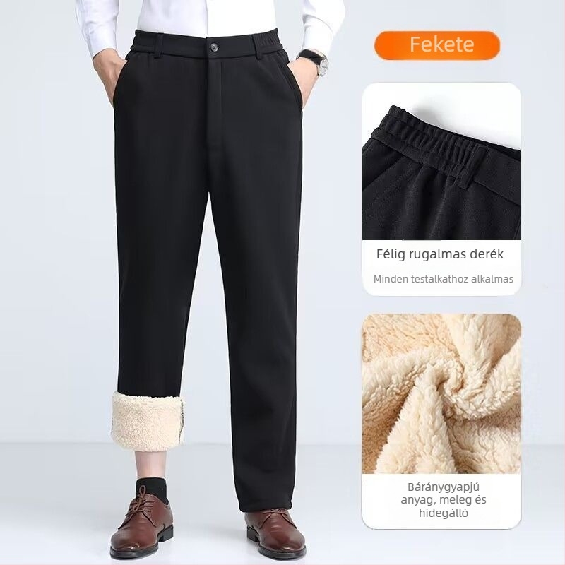 Téli férfi nadrág lambswool fleece anyagból, vastagított, elasztikus derekú, kényelmes szabású, egyenes szárú, magas derék, hosszú.