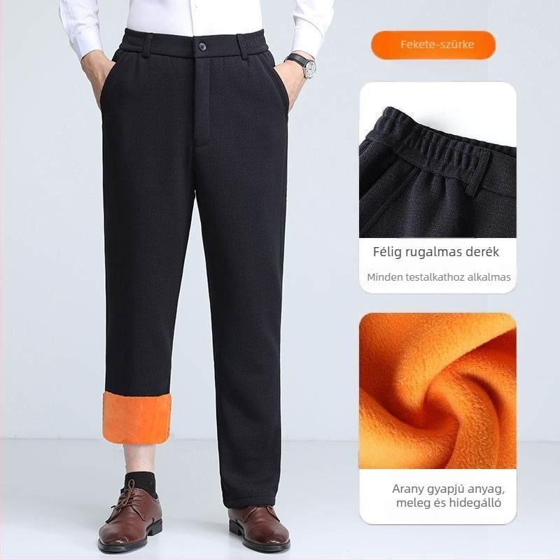 Téli férfi nadrág lambswool fleece anyagból, vastagított, elasztikus derekú, kényelmes szabású, egyenes szárú, magas derék, hosszú.