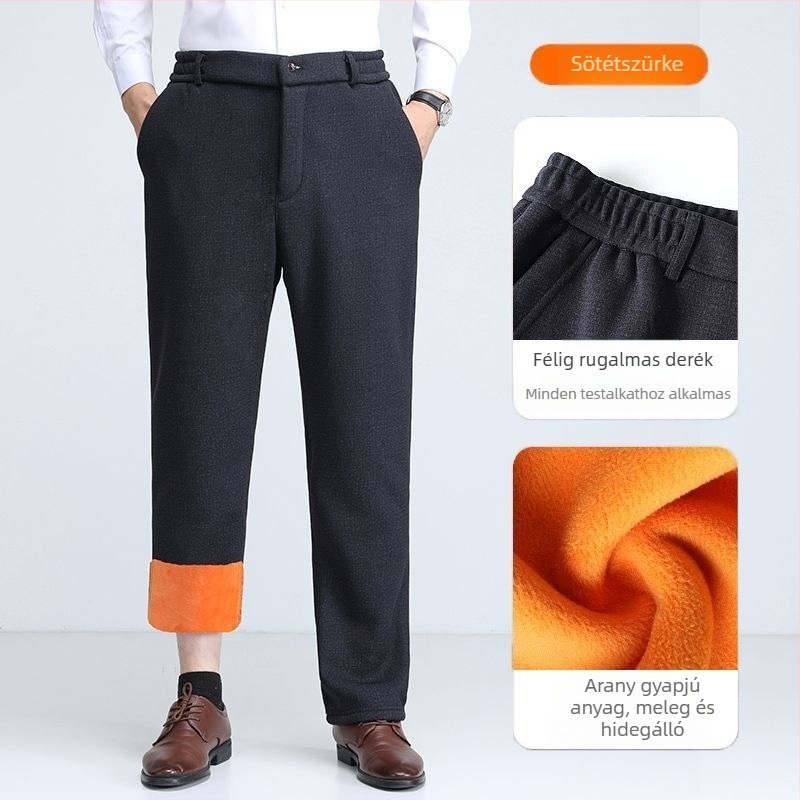 Téli férfi nadrág lambswool fleece anyagból, vastagított, elasztikus derekú, kényelmes szabású, egyenes szárú, magas derék, hosszú.