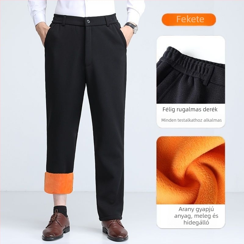 Téli férfi nadrág lambswool fleece anyagból, vastagított, elasztikus derekú, kényelmes szabású, egyenes szárú, magas derék, hosszú.