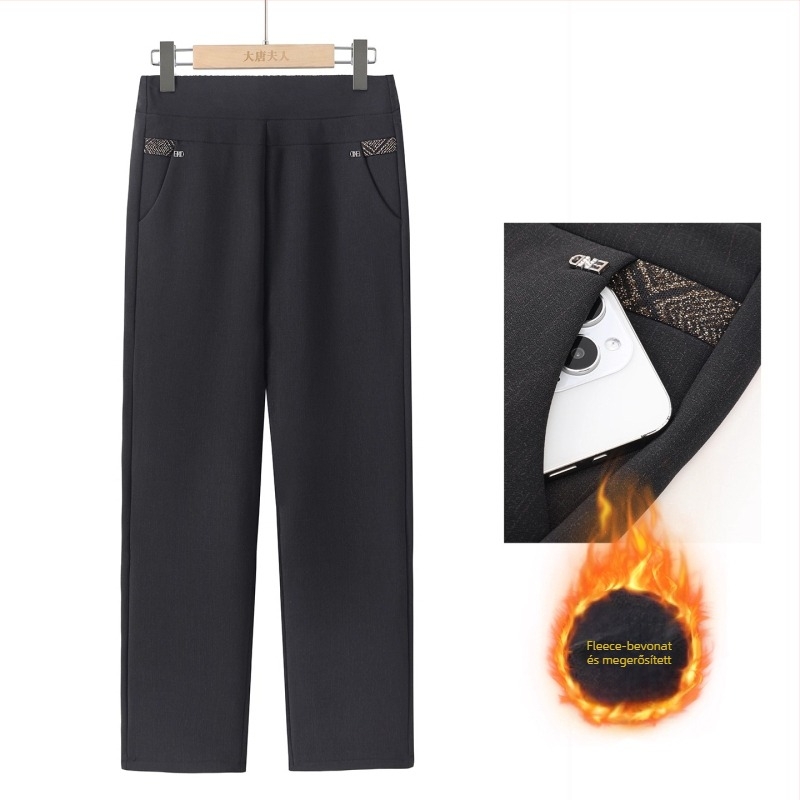 Fleece-al borított téli nadrág idősebb nőknek, magas derekú, vastag egyenes szabás, mindennapi stílus (Téli 2025; poliészter >95%; mikroelasztikusság)