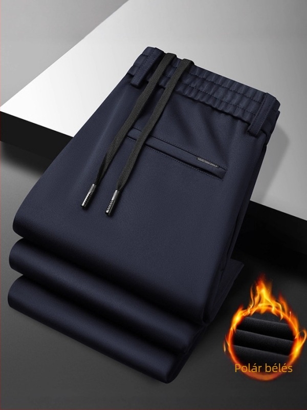Férfiaknak készült egyenes szárú casual nadrág fleece-bevonattal, brushed szövésből, középmagas derekú, öv és kötőzáras záródással, őszi viselet