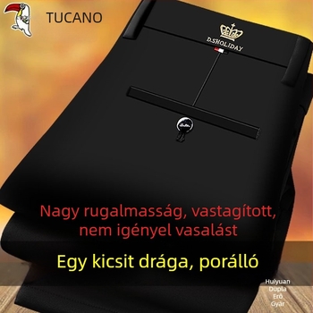 Téli vastag férfi casual nadrág egyenes szabású, fleece-béléssel, magas derékkal, cipzáras zárás
