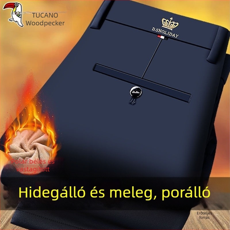Téli vastag férfi casual nadrág egyenes szabású, fleece-béléssel, magas derékkal, cipzáras zárás