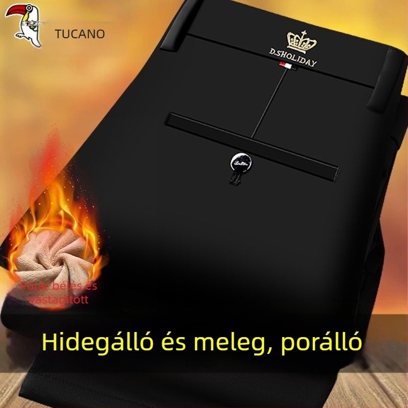 Téli vastag férfi casual nadrág egyenes szabású, fleece-béléssel, magas derékkal, cipzáras zárás