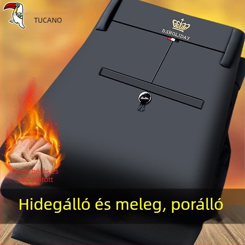 Téli vastag férfi casual nadrág egyenes szabású, fleece-béléssel, magas derékkal, cipzáras zárás