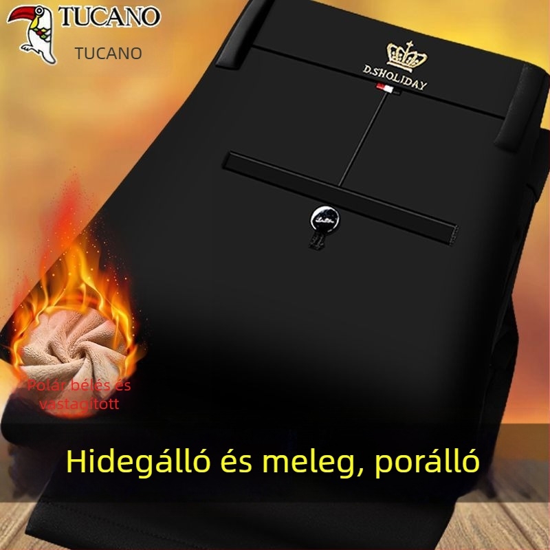 Téli vastag férfi casual nadrág egyenes szabású, fleece-béléssel, magas derékkal, cipzáras zárás