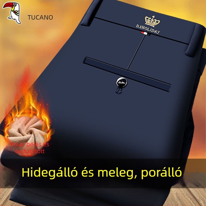 Téli vastag férfi casual nadrág egyenes szabású, fleece-béléssel, magas derékkal, cipzáras zárás