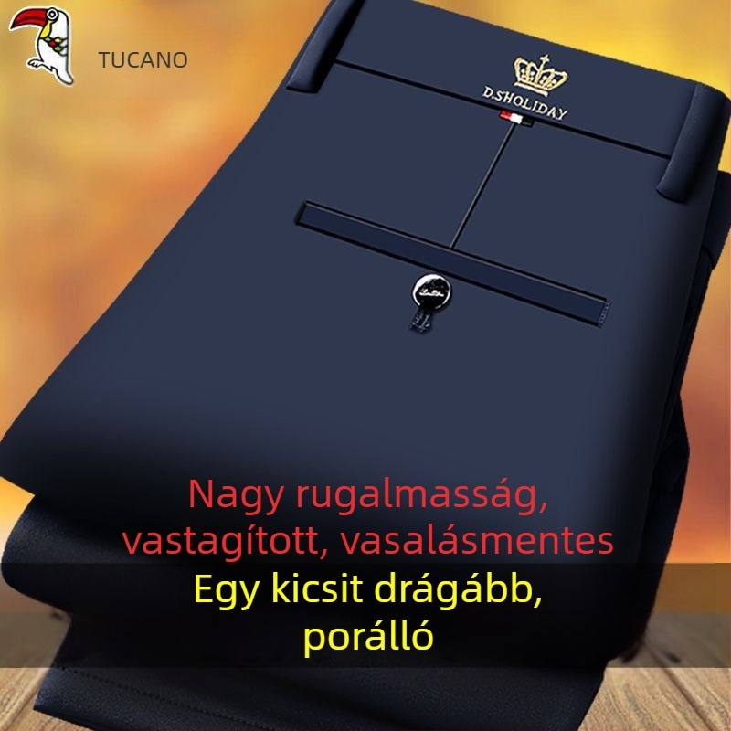 Téli vastag férfi casual nadrág egyenes szabású, fleece-béléssel, magas derékkal, cipzáras zárás
