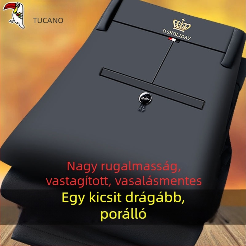 Téli vastag férfi casual nadrág egyenes szabású, fleece-béléssel, magas derékkal, cipzáras zárás