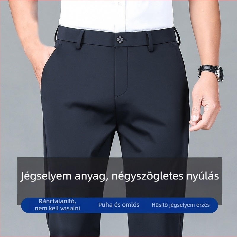 Férfiaknak készített casual üzleti nadrág — ice silk anyag, nyár, középmagasságú derék, cipzár, rugalmas anyag