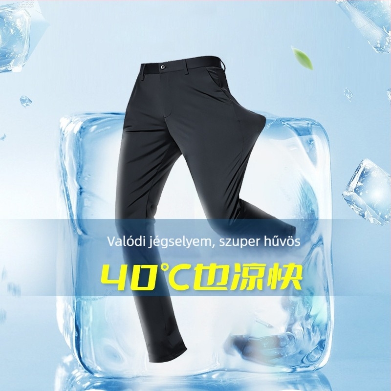Férfiaknak készített casual üzleti nadrág — ice silk anyag, nyár, középmagasságú derék, cipzár, rugalmas anyag