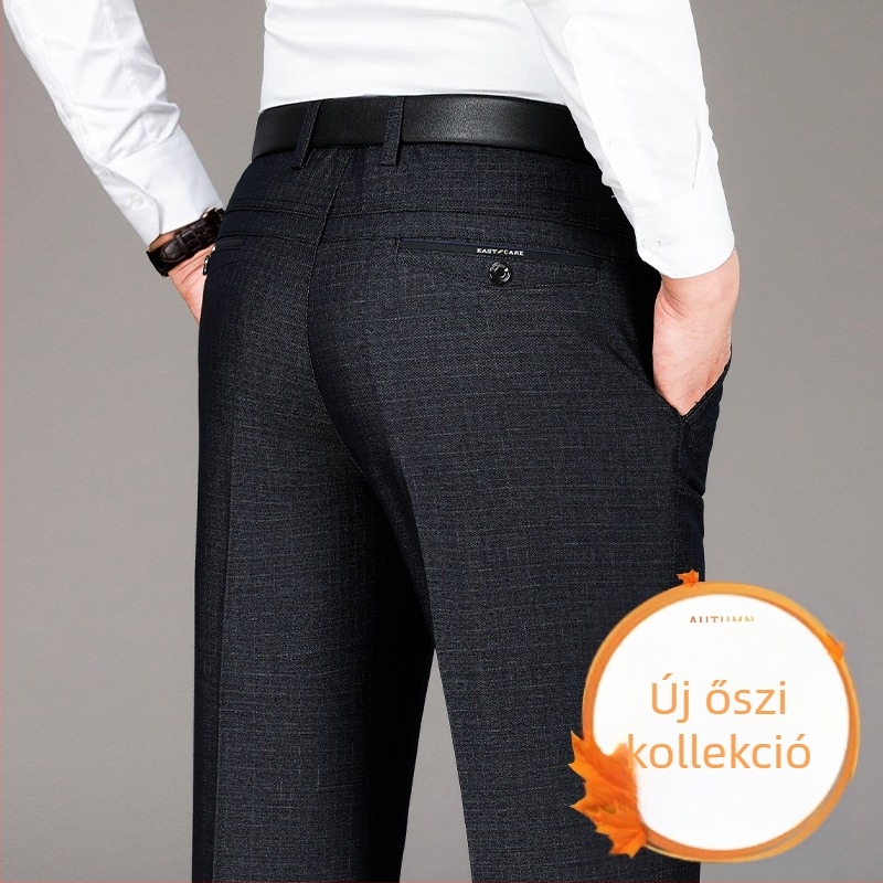 Pamutból készült fleecével bélelt meleg férfi casual nadrág, egyenes szabású, középmagas derekú, cipzáras zárás, üzleti-casual stílus, téli 2025