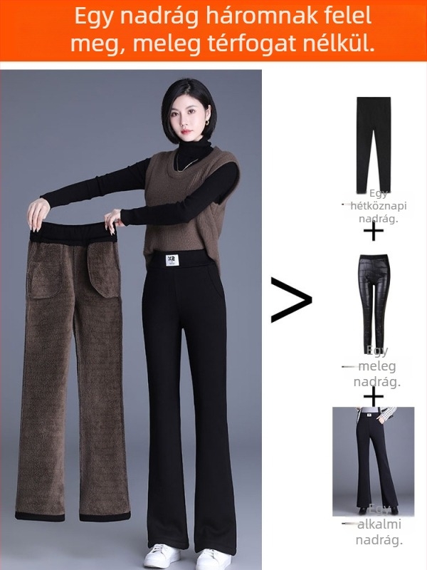 Női fleece-béléssel bélelt nadrág, enyhén szélesedő szárú, magas derékú, casual stílusú, őszi-téli
