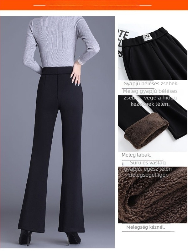 Női fleece-béléssel bélelt nadrág, enyhén szélesedő szárú, magas derékú, casual stílusú, őszi-téli