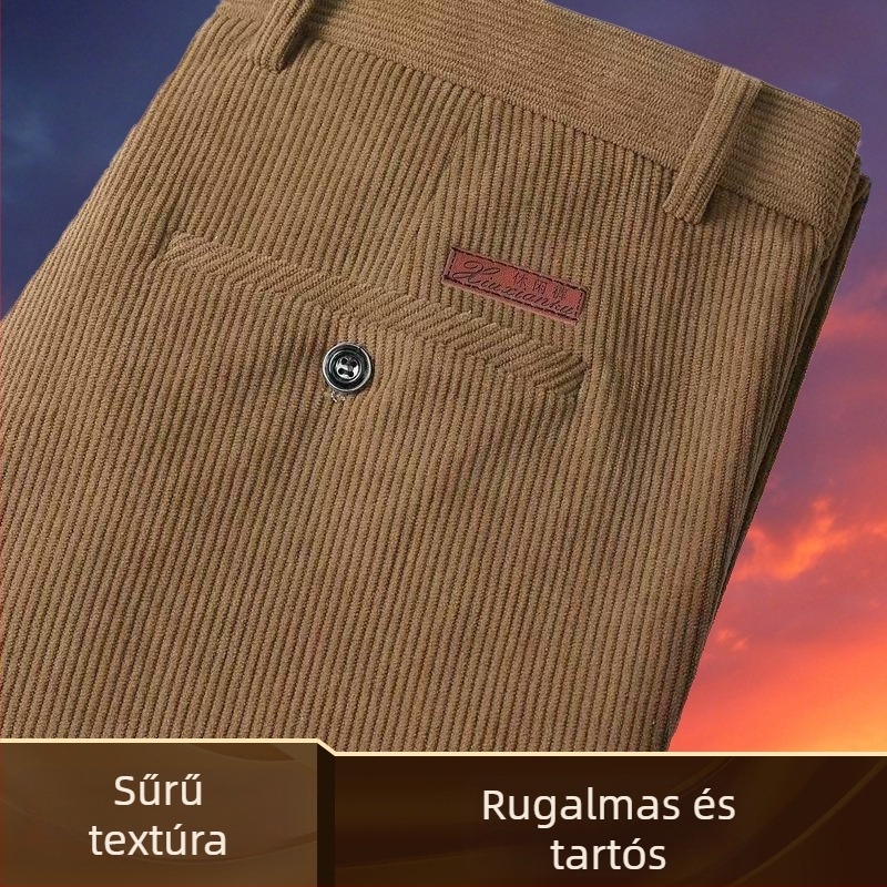 Férfi corduroy egyenes szabású nadrág, magas derék, vast anyag, mindennapi viselet