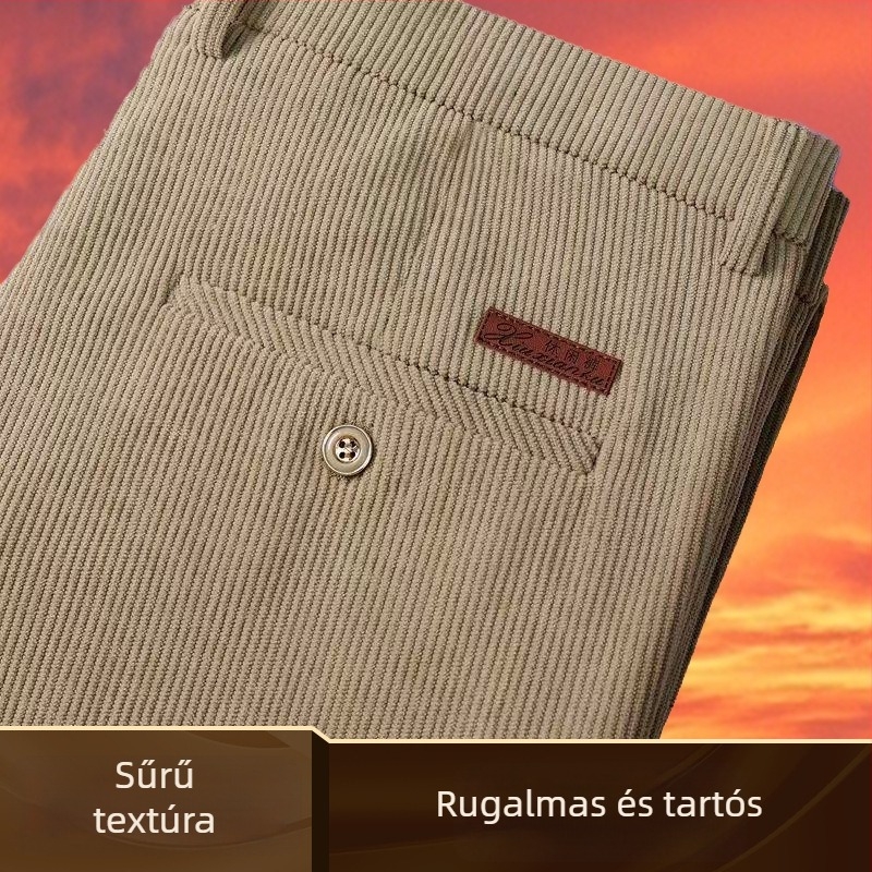 Férfi corduroy egyenes szabású nadrág, magas derék, vast anyag, mindennapi viselet