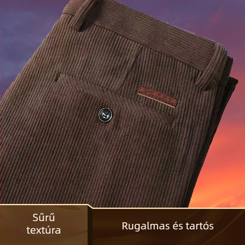 Férfi corduroy egyenes szabású nadrág, magas derék, vast anyag, mindennapi viselet