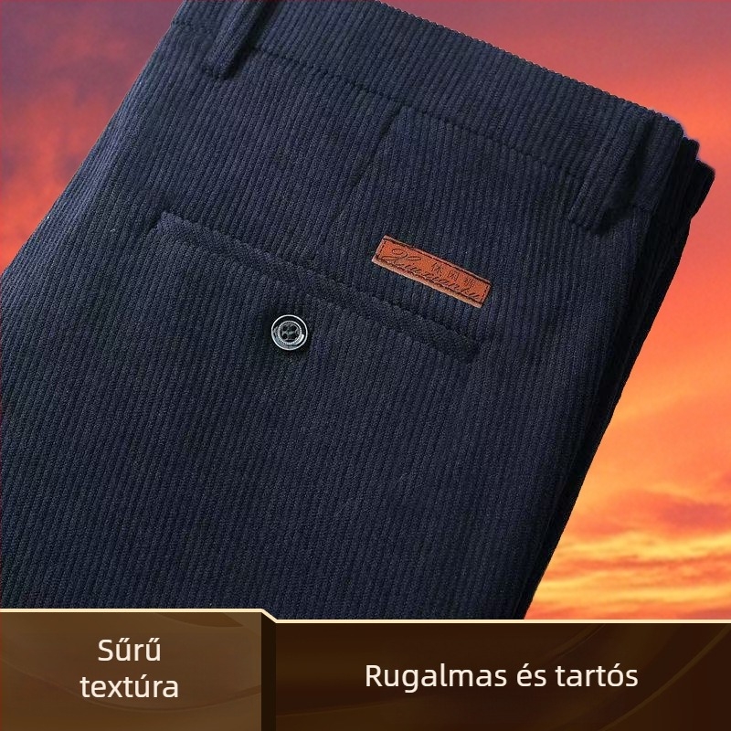 Férfi corduroy egyenes szabású nadrág, magas derék, vast anyag, mindennapi viselet