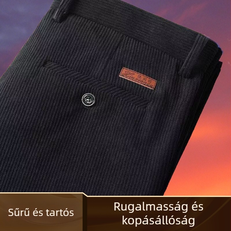 Férfi corduroy egyenes szabású nadrág, magas derék, vast anyag, mindennapi viselet
