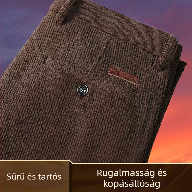 Férfi corduroy egyenes szabású nadrág, magas derék, vast anyag, mindennapi viselet