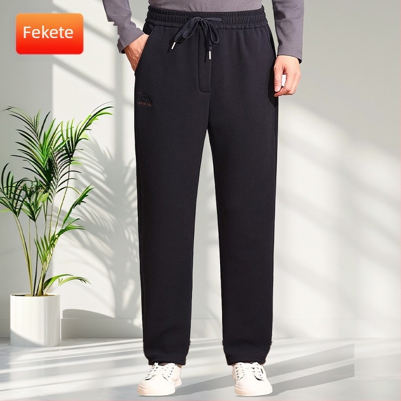 Középkorú férfiak téli fleece-betétes, magas derekú, egyenes szabású nadrág, poliészter-keverék